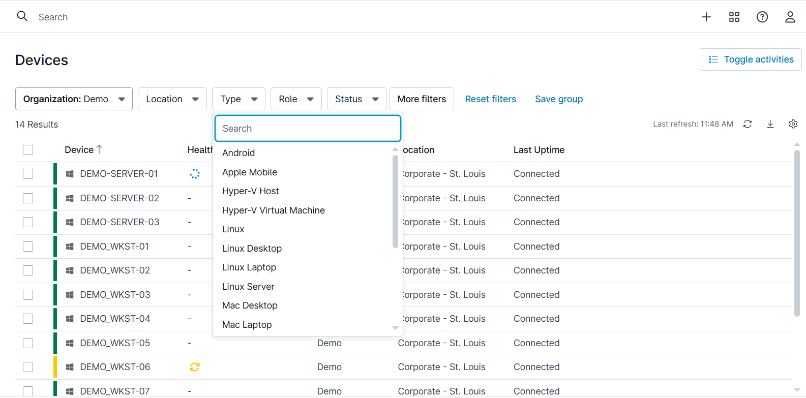 datasnare core device filter and search screenshot
